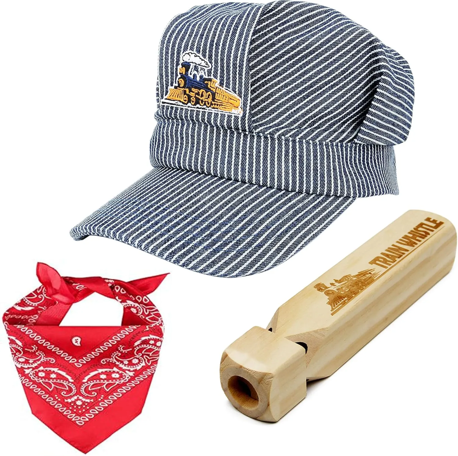 Conductor Hat Wooden Train Whistle Paisley Bandanna (3 in 1) Engineer Cap Adjustable Train Conductor Dress Up Kit for Kids Red