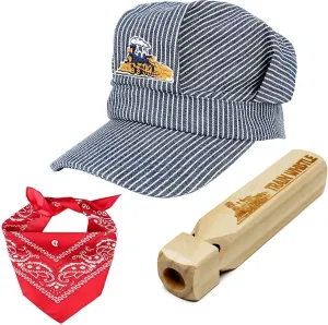 Conductor Hat Wooden Train Whistle Paisley Bandanna (3 in 1) Engineer Cap Adjustable Train Conductor Dress Up Kit for Kids Red