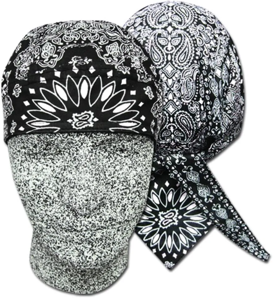 Danbanna Deluxe Black White Paisley Durag Head Wrap Biker Skull Cap Helmet Liner