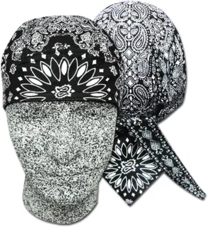 Danbanna Deluxe Black White Paisley Durag Head Wrap Biker Skull Cap Helmet Liner