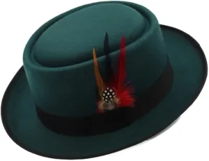 DHAEY Dad Wool Flat Fedora Hat Fashion Men Pork Pie Hat Gentleman Gambler Panama Trilby Hat with Fashion Feather Size 58CM Luopan Caps & Hats (Color : Sky Blue, Size : 56-58cm)