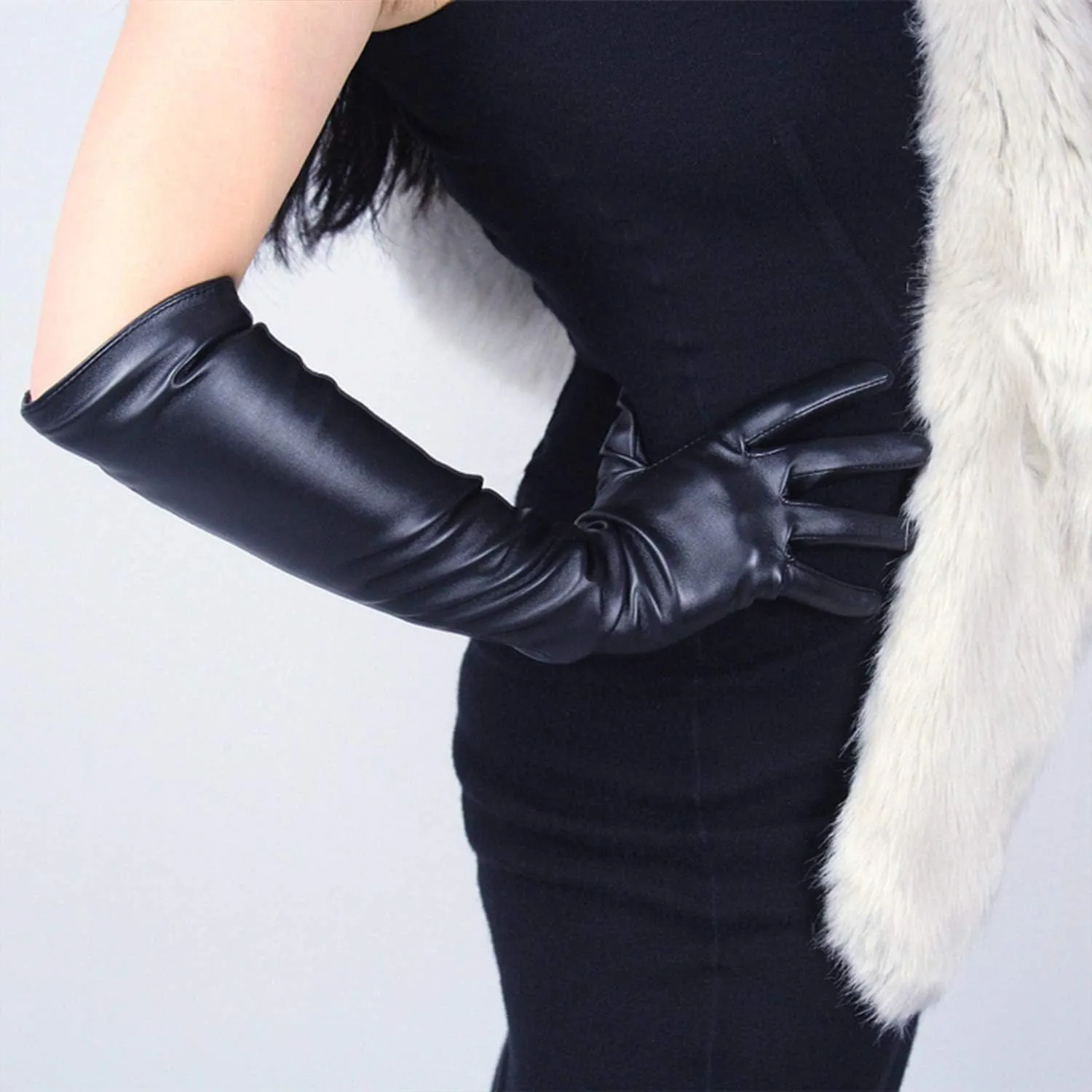 DooWay Long Leather Gloves Women 20" Faux Lambskin Soft Stretch PU for Formal Evening Costume Party Gloves