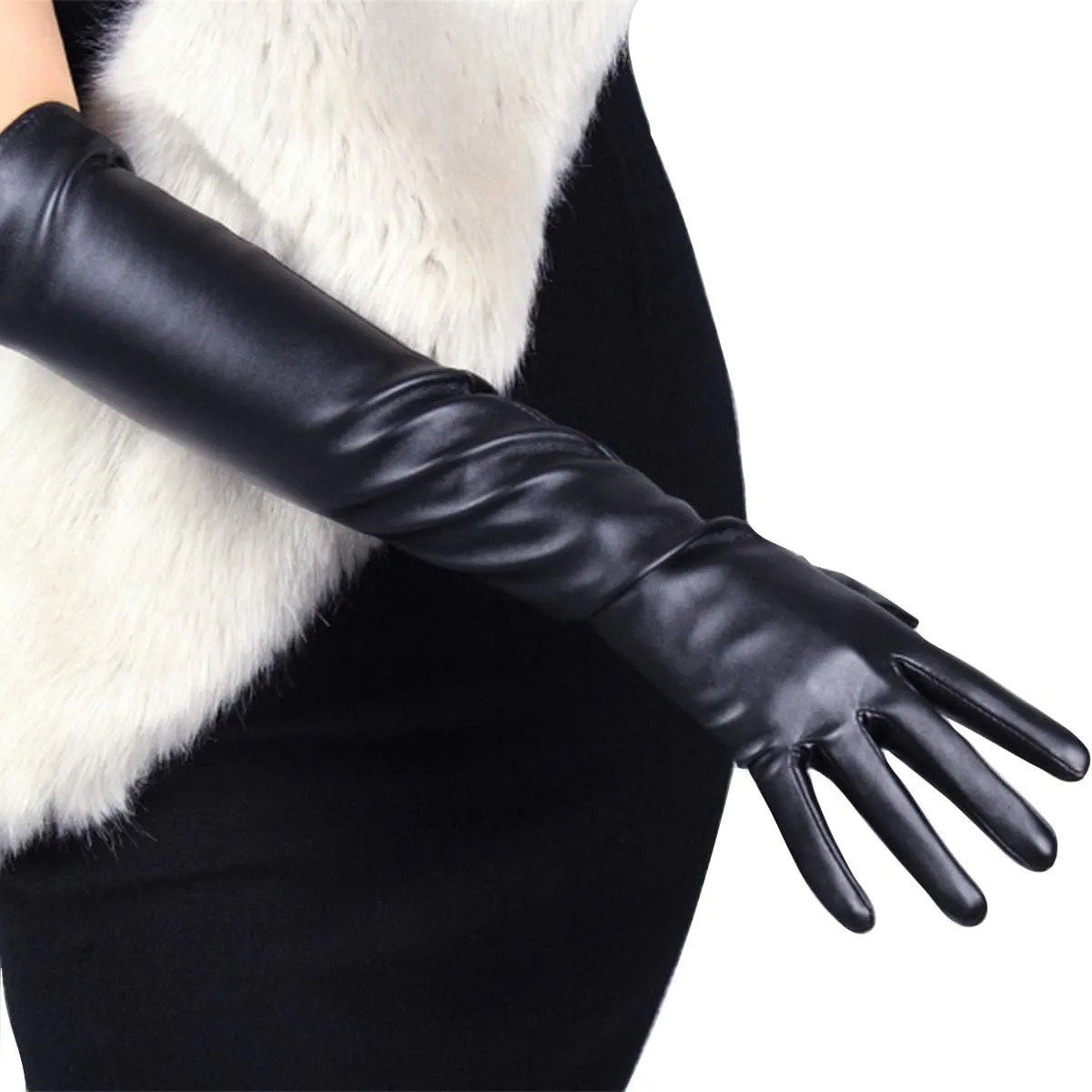 DooWay Long Leather Gloves Women 20" Faux Lambskin Soft Stretch PU for Formal Evening Costume Party Gloves