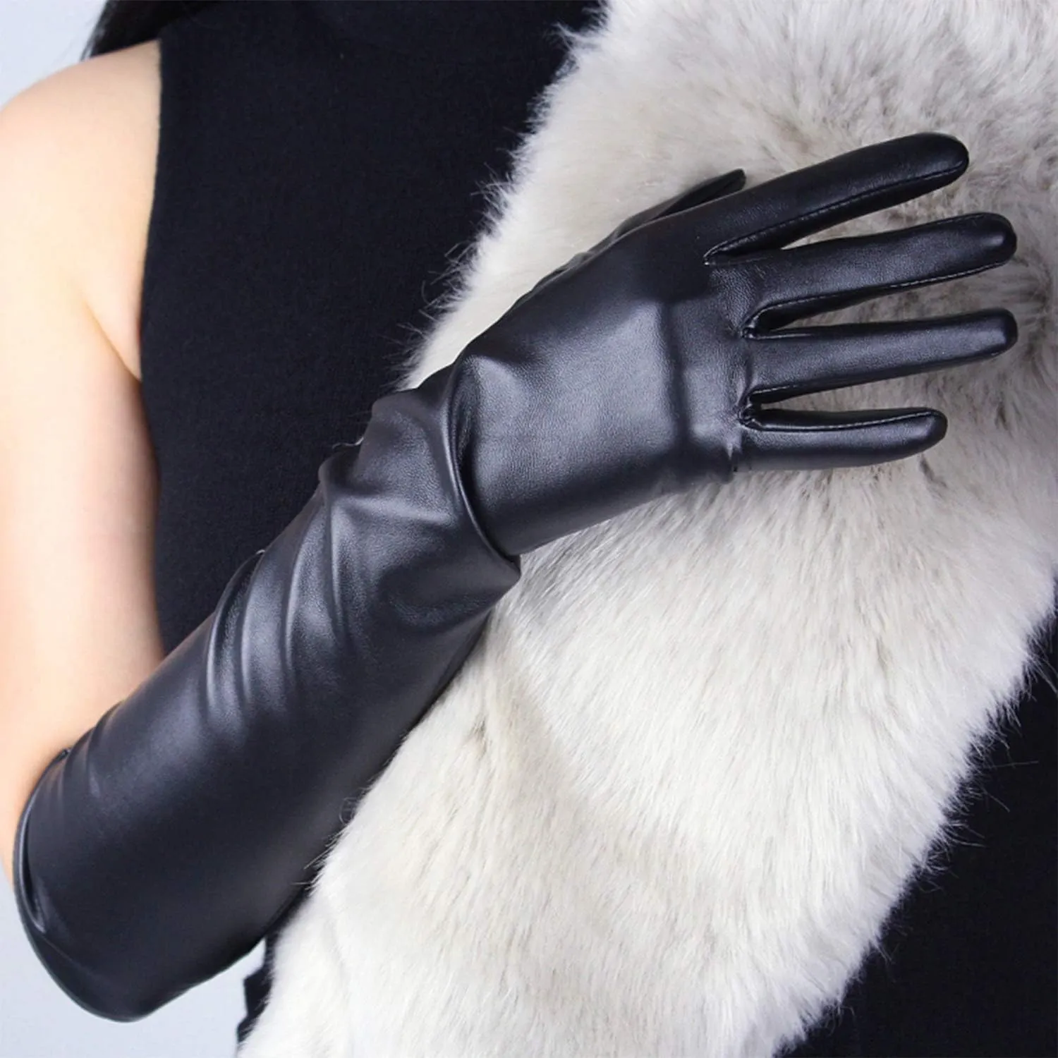 DooWay Long Leather Gloves Women 20" Faux Lambskin Soft Stretch PU for Formal Evening Costume Party Gloves