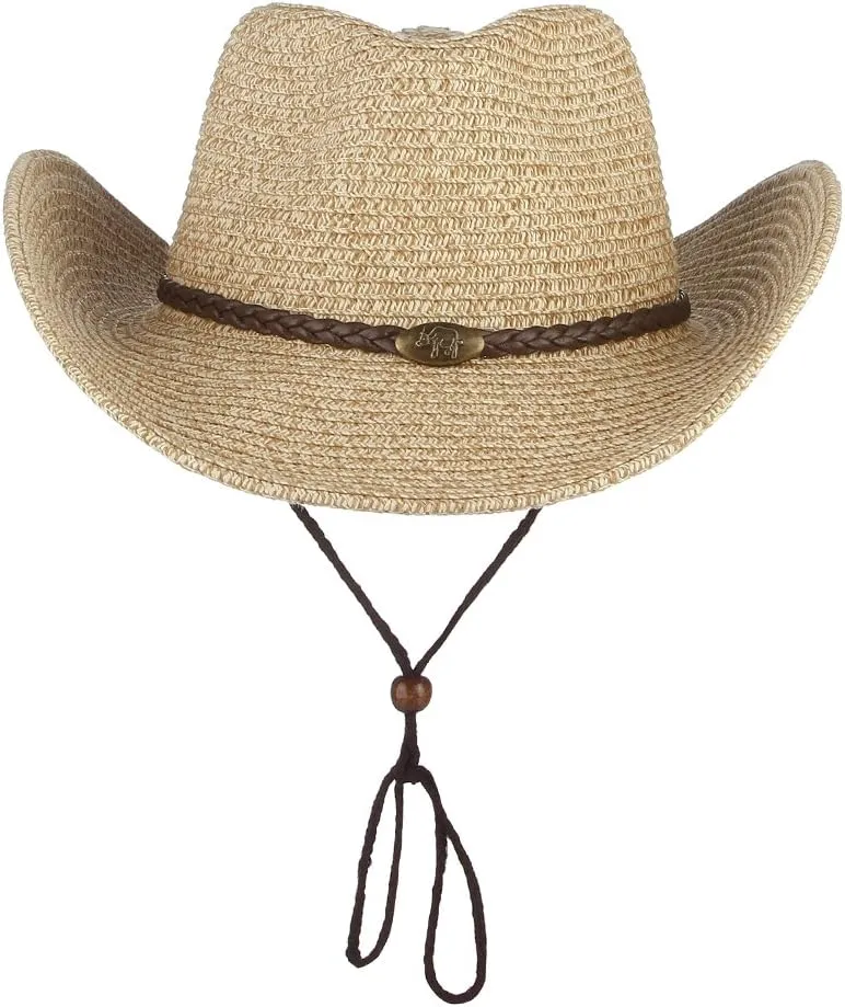 EOZY Western Cowboy Hat with String for Women Men Foldable Summer Sun Protection Straw Beach Hats with Wide Brim