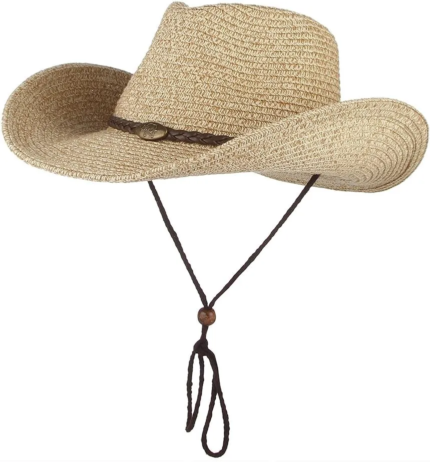 EOZY Western Cowboy Hat with String for Women Men Foldable Summer Sun Protection Straw Beach Hats with Wide Brim