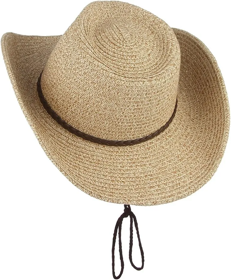 EOZY Western Cowboy Hat with String for Women Men Foldable Summer Sun Protection Straw Beach Hats with Wide Brim