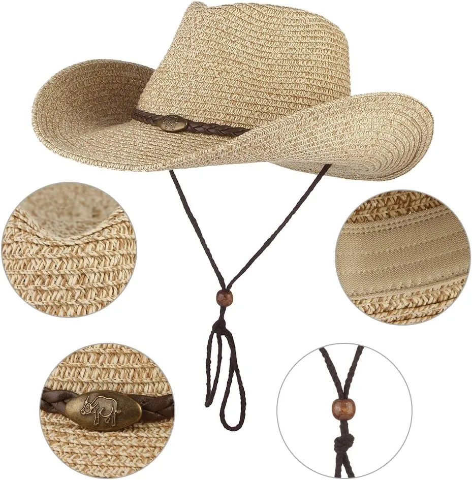 EOZY Western Cowboy Hat with String for Women Men Foldable Summer Sun Protection Straw Beach Hats with Wide Brim