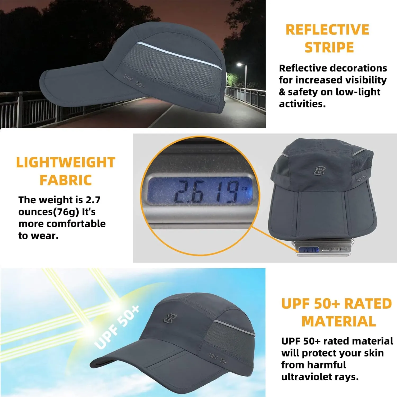 Folding UPF50  Sun Protection Hat, Quick Dry Baseball Cap Portable Adjustable Outdoor Sports Hats for Men, Women