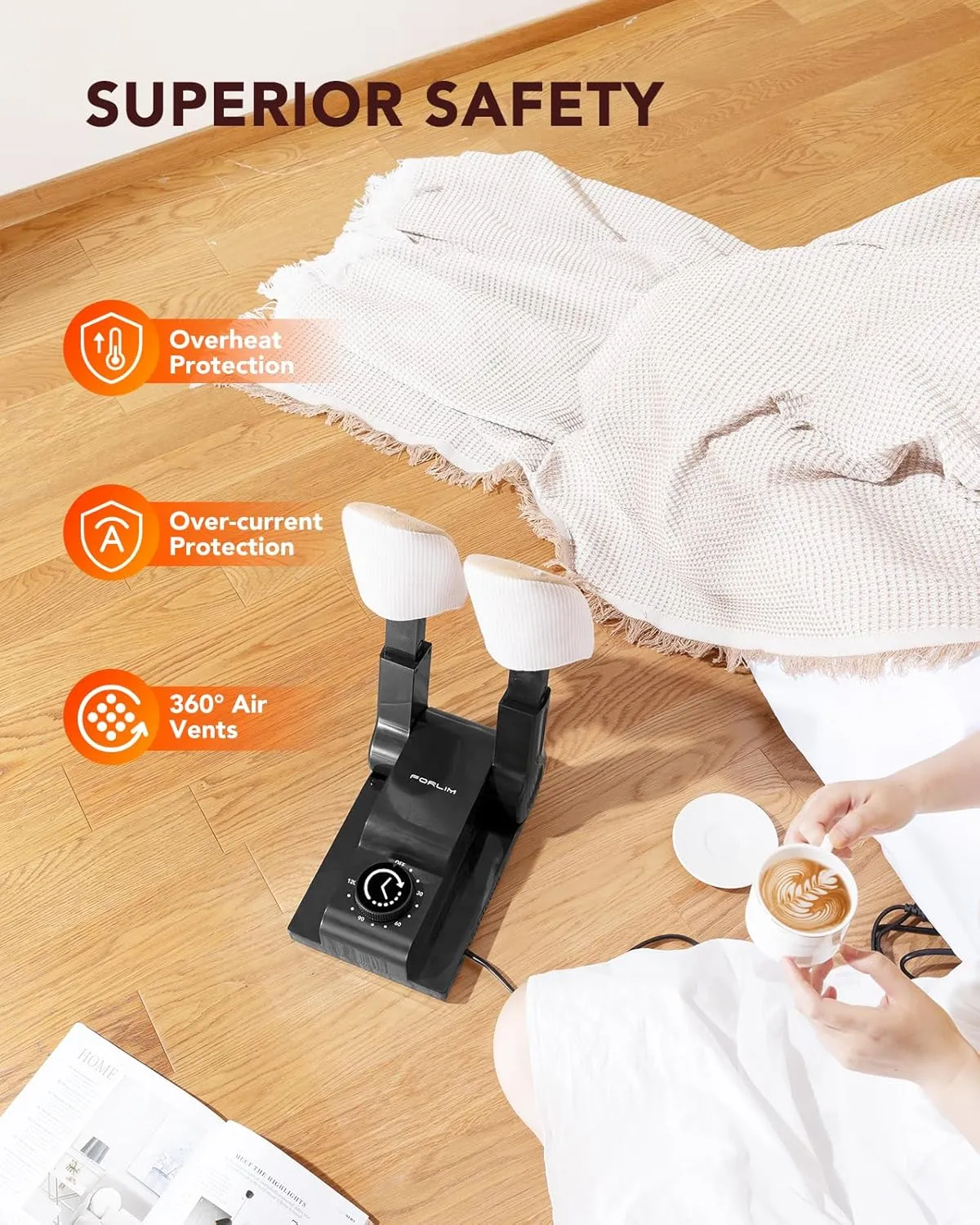 FORLIM Boot Dryer for Work Boots, Shoe Dryer with Heat Blower, Glove Dryer & Boot Warmer - 180 Adjustable Dry Rack - Telescopic Bendable Dry Ports - Intelligent Timer - Black