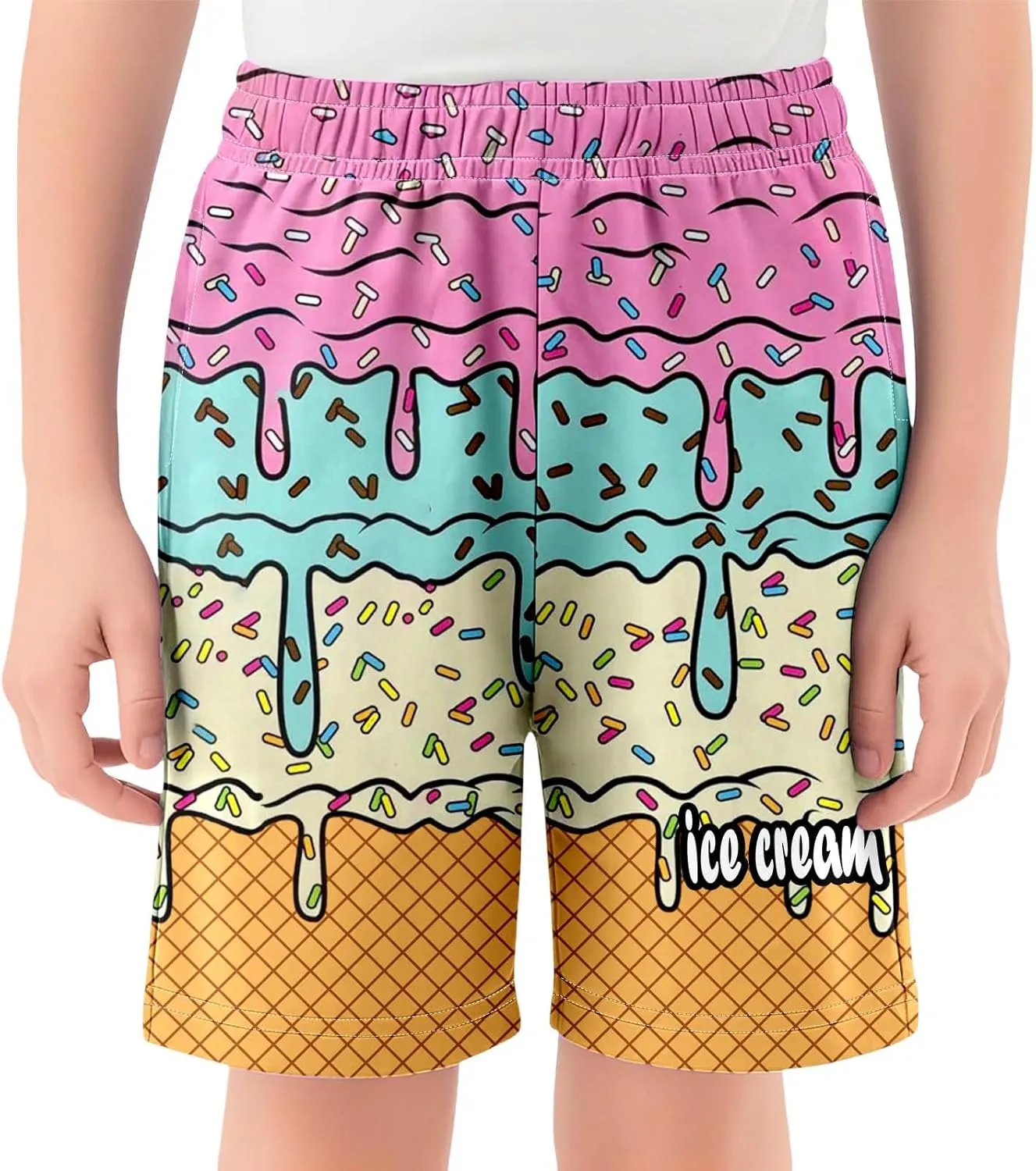 Ice Cream Boy Swim Trunks Waffle Or Cone Quick Dry Bathing Suit Swimsuit,Toddler Summer Beach Board Shorts 2-14 Years