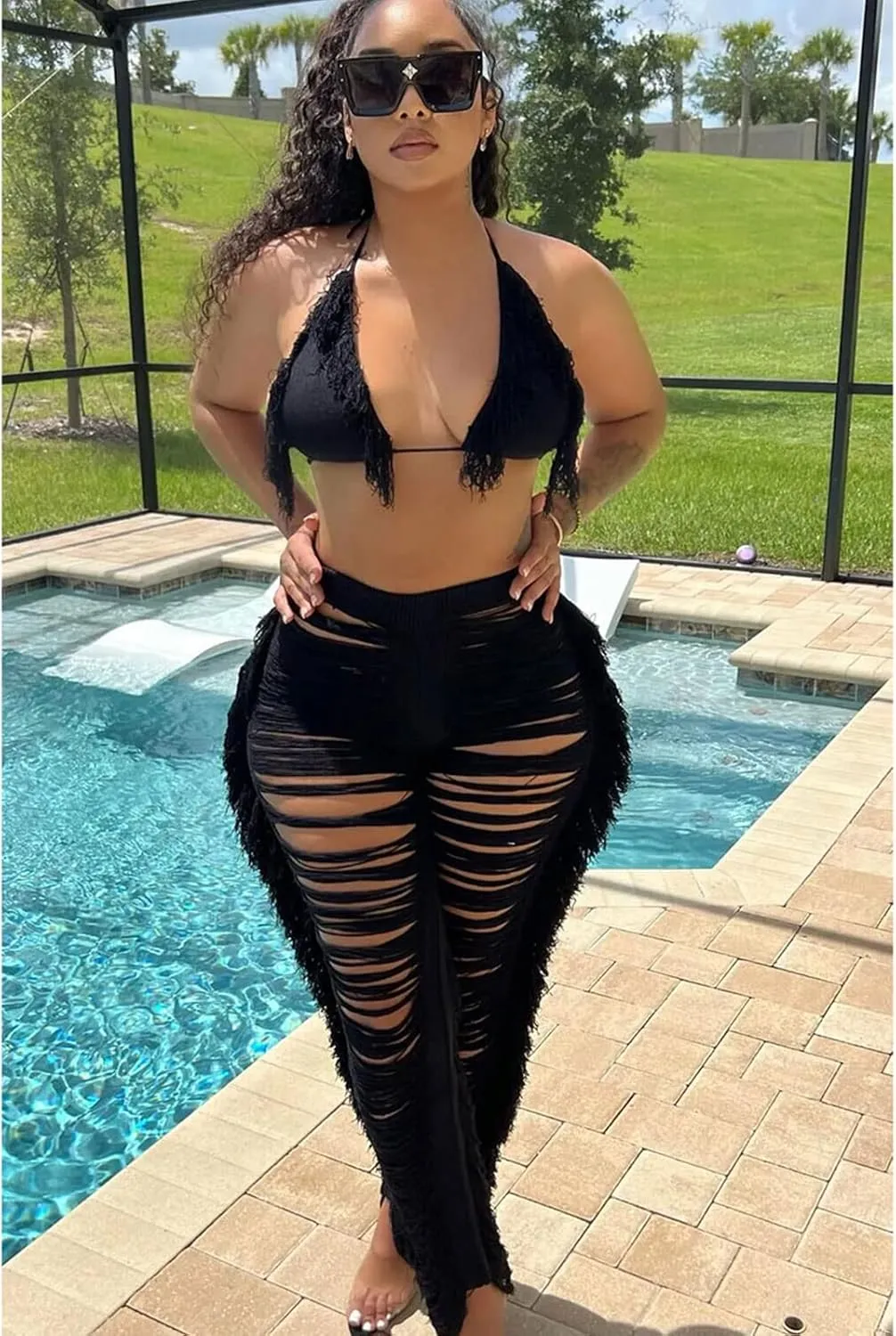 KANSOON Two Piece Outfits for Women Bikini Swimsuits Beach Cover Up Crochet Tassels Halter Top Long Pants Set