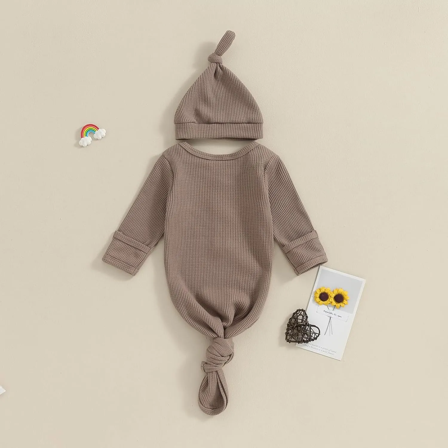 KMBANGI Newborn Baby Boys Girls Knotted Gown Hat Set Long Sleeve Button Infant Sleeper Baby Sleep Gown with Mittens