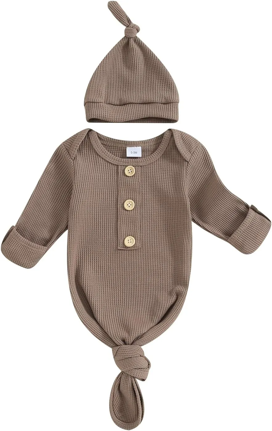 KMBANGI Newborn Baby Boys Girls Knotted Gown Hat Set Long Sleeve Button Infant Sleeper Baby Sleep Gown with Mittens
