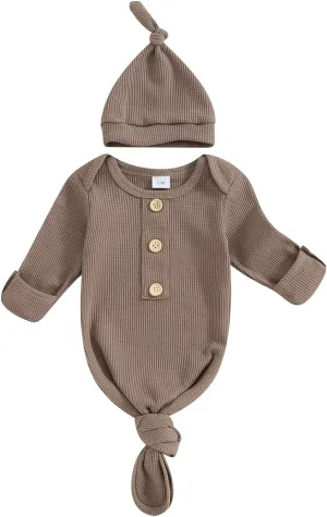 KMBANGI Newborn Baby Boys Girls Knotted Gown Hat Set Long Sleeve Button Infant Sleeper Baby Sleep Gown with Mittens