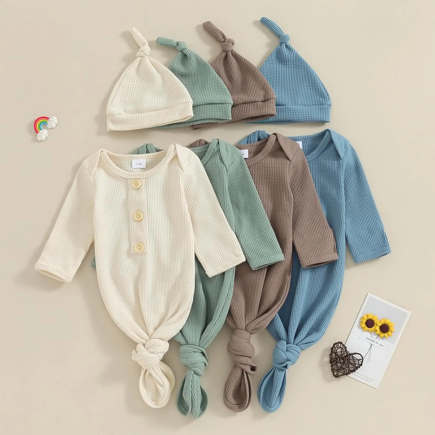 KMBANGI Newborn Baby Boys Girls Knotted Gown Hat Set Long Sleeve Button Infant Sleeper Baby Sleep Gown with Mittens