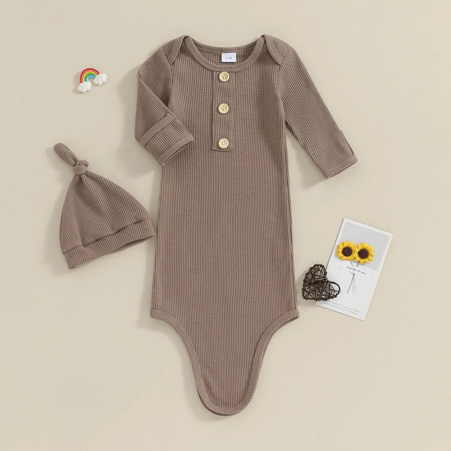 KMBANGI Newborn Baby Boys Girls Knotted Gown Hat Set Long Sleeve Button Infant Sleeper Baby Sleep Gown with Mittens