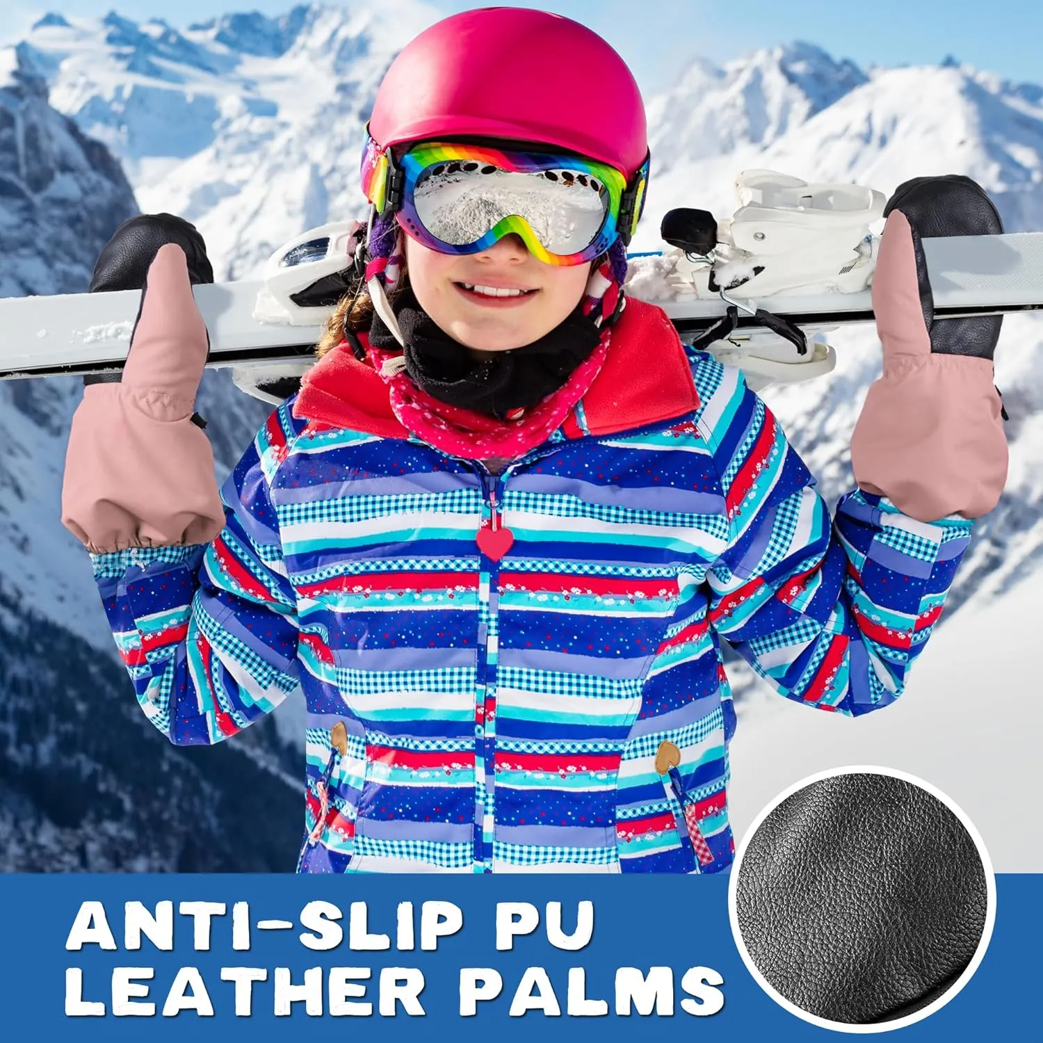 MCTi Kids Mittens Waterproof Winter Ski Warm Sherpa Lined Long Cuff with String