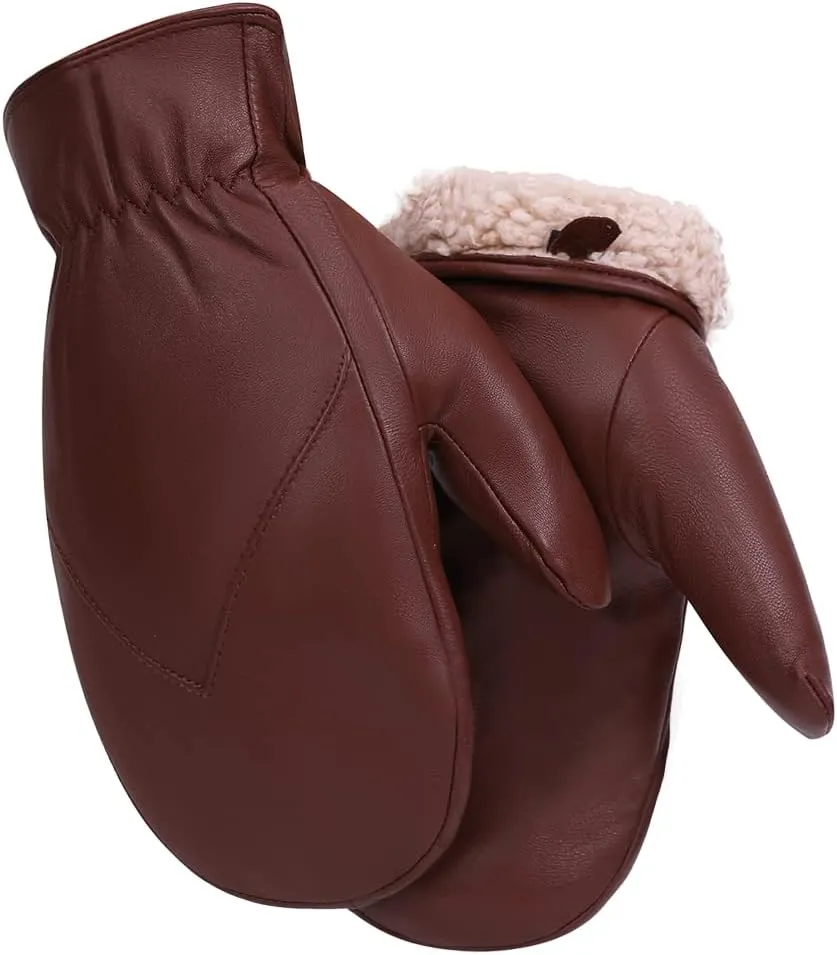 MGGMOKAY Men's Leather Mittens Warm Lambskin Mittens Winter Fleece Lined
