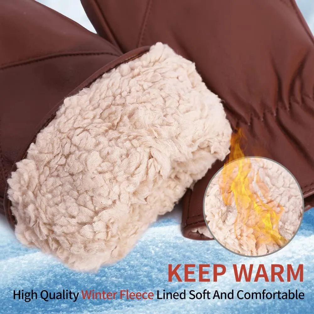 MGGMOKAY Men's Leather Mittens Warm Lambskin Mittens Winter Fleece Lined