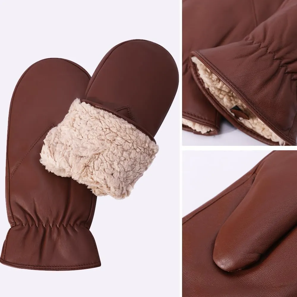 MGGMOKAY Men's Leather Mittens Warm Lambskin Mittens Winter Fleece Lined
