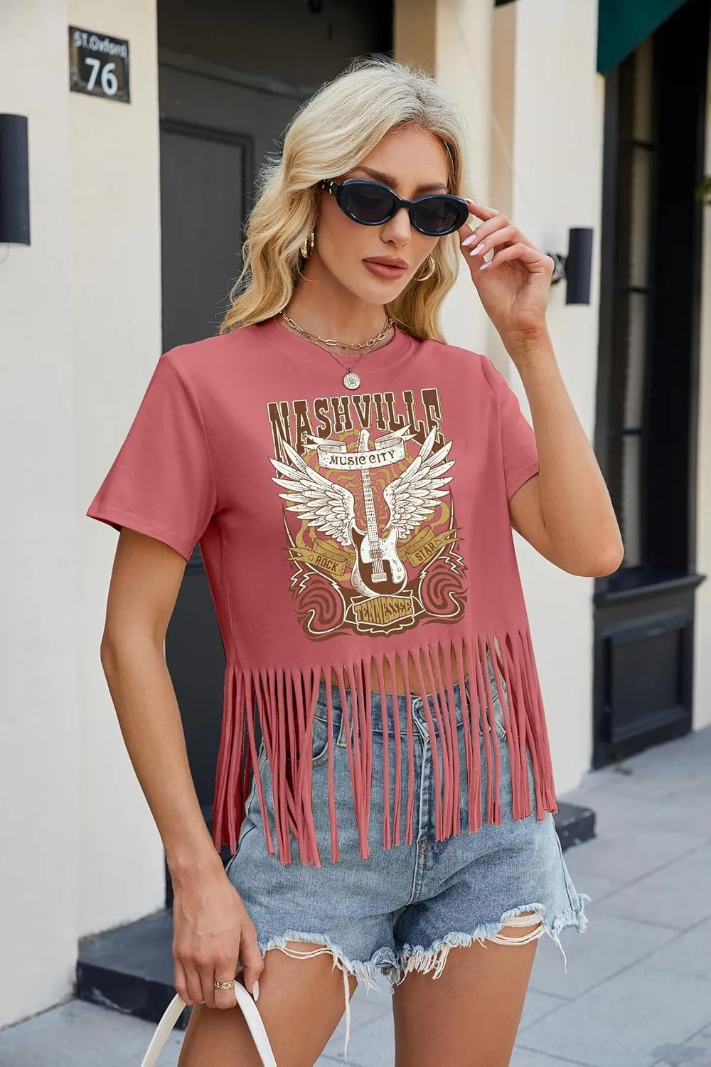 Nashville Tshirt for Women Country Concert Shirt Cowgirl West Music Rock Band Tee Vintage Graphic Fringe Tassel Top