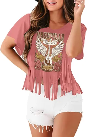 Nashville Tshirt for Women Country Concert Shirt Cowgirl West Music Rock Band Tee Vintage Graphic Fringe Tassel Top