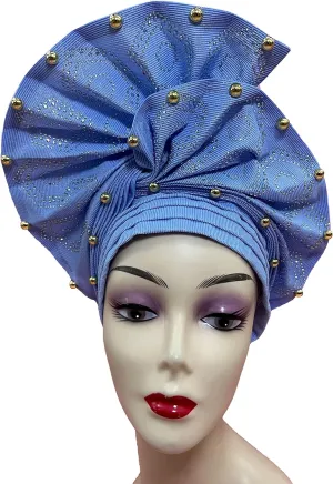 Nigerian Aso Oke Auto Gele Headties with Beads&Stones Already Made African Head Wrap Women Turban Cap Headbands