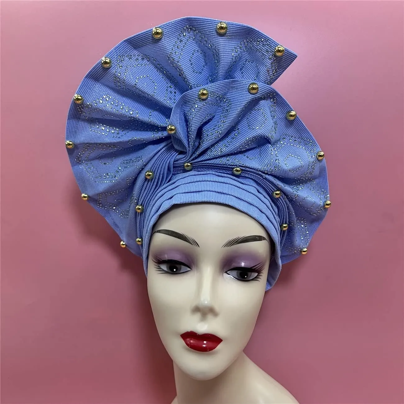 Nigerian Aso Oke Auto Gele Headties with Beads&Stones Already Made African Head Wrap Women Turban Cap Headbands