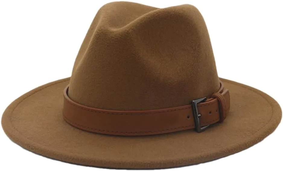 Pulcykp Unisex Panama Wool Felt Hat with Belt Buckle Large Brim Jazz Trilby Cap Party Wedding Hat Khaki 59to60cm