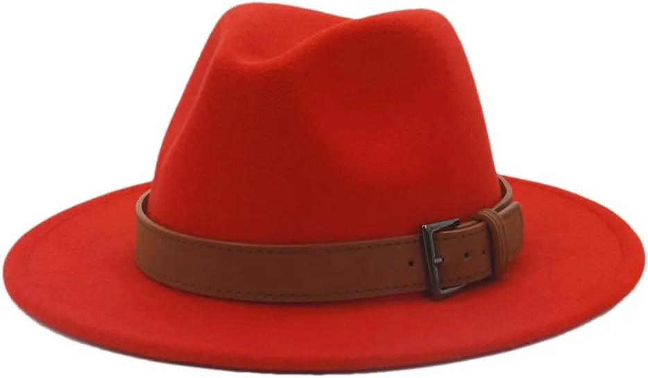 Pulcykp Unisex Panama Wool Felt Hat with Belt Buckle Large Brim Jazz Trilby Cap Party Wedding Hat Orange-red 56to58cm