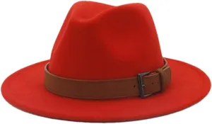 Pulcykp Unisex Panama Wool Felt Hat with Belt Buckle Large Brim Jazz Trilby Cap Party Wedding Hat Orange-red 56to58cm