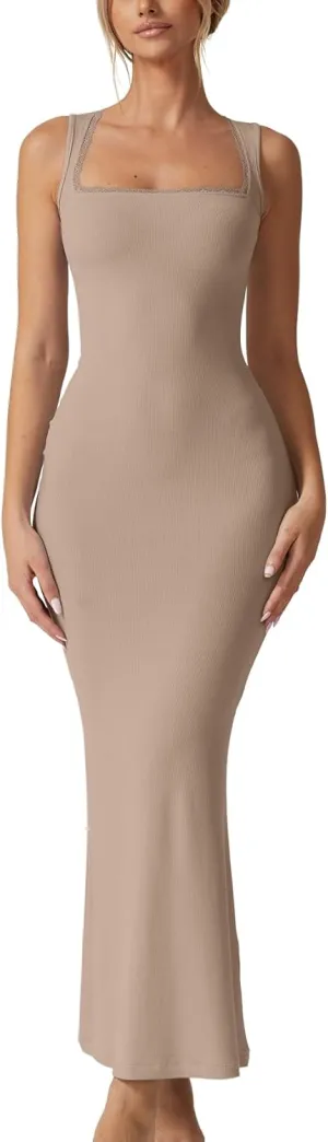 QINSEN Women's Square Neck with Lace Detail Long Maxi Dress Sleeveless Lounge Ribbed Full Length Dresses