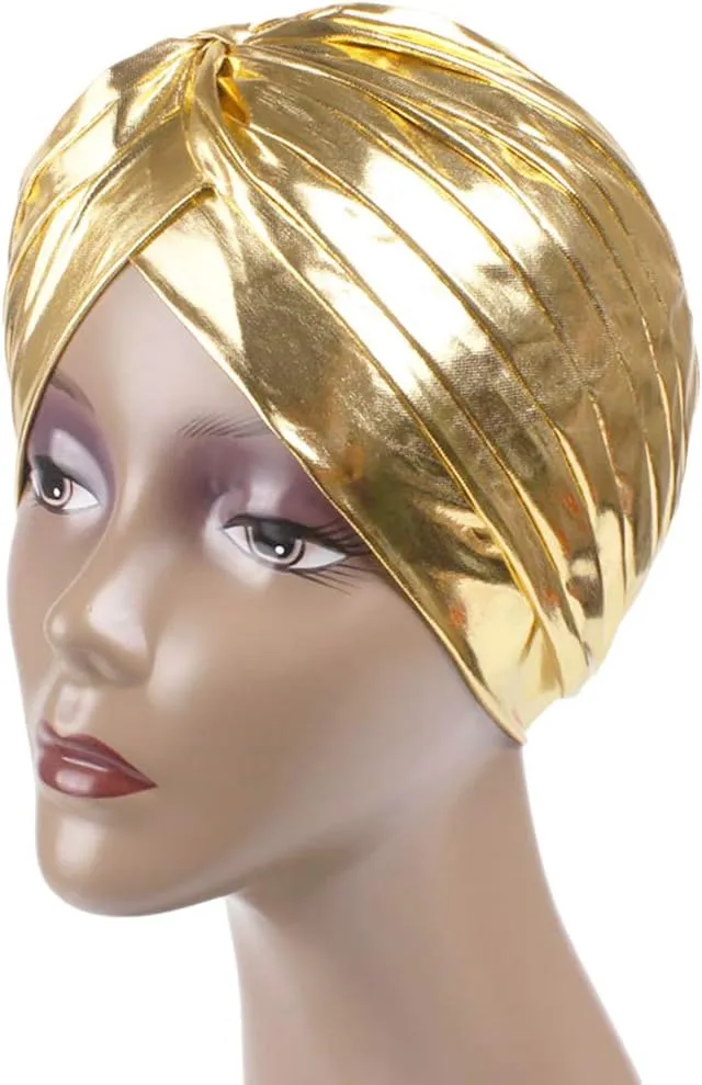 Surkat Unisex Metallic Arab India Pleated Turban Headwrap Swami Hat Costume Hat Chemo Cap