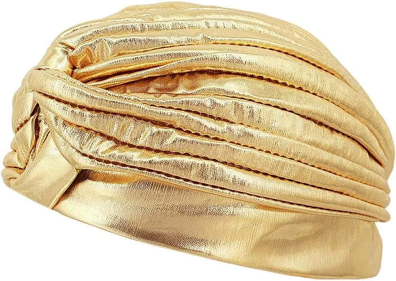 Surkat Unisex Metallic Arab India Pleated Turban Headwrap Swami Hat Costume Hat Chemo Cap