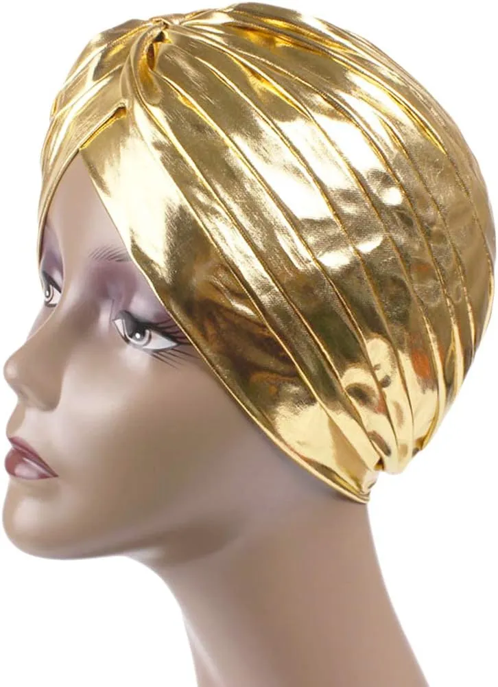 Surkat Unisex Metallic Arab India Pleated Turban Headwrap Swami Hat Costume Hat Chemo Cap