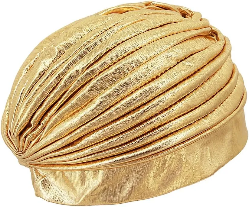 Surkat Unisex Metallic Arab India Pleated Turban Headwrap Swami Hat Costume Hat Chemo Cap