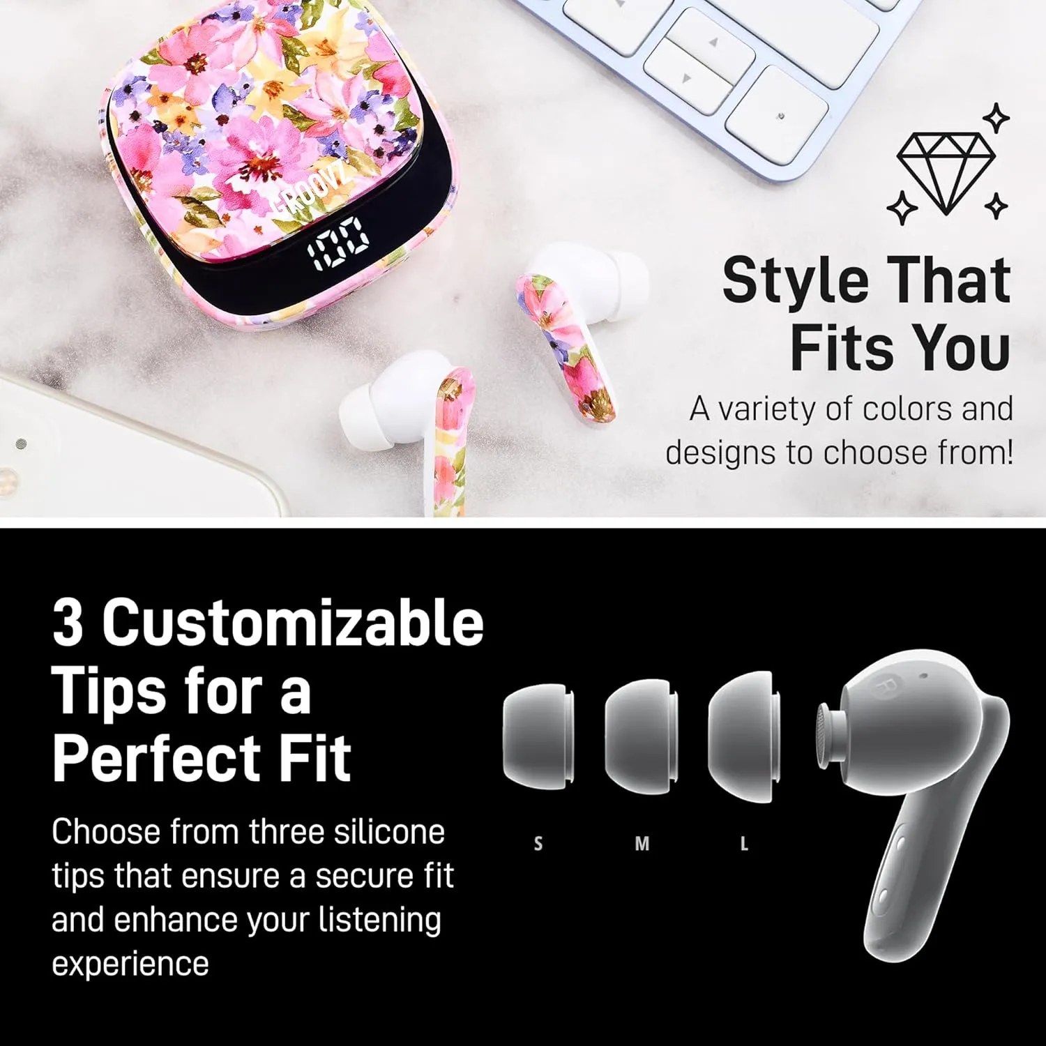 True Wireless Earbuds with Charging Case - Designed and Engineered in The USA - IPx4 Water Resistant Bluetooth Earbuds Compatible with Apple and Android - 27Hrs Battery Life - Paisley