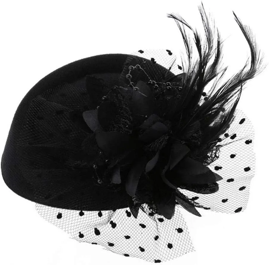 Vintage Fascinators Hats 50s Flower Feather Dress Hat Tea Party Cocktail Veil Pillbox Headwear with Clips for Women