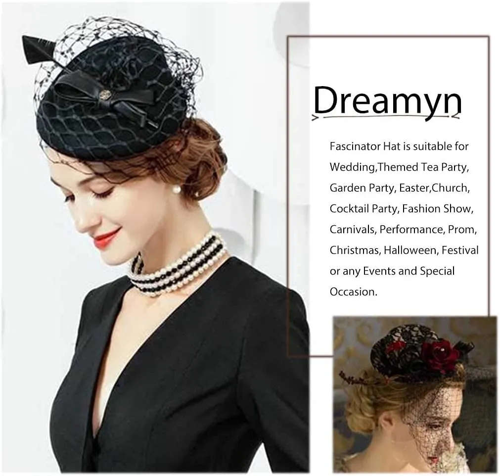 Vintage Fascinators Hats 50s Flower Feather Dress Hat Tea Party Cocktail Veil Pillbox Headwear with Clips for Women