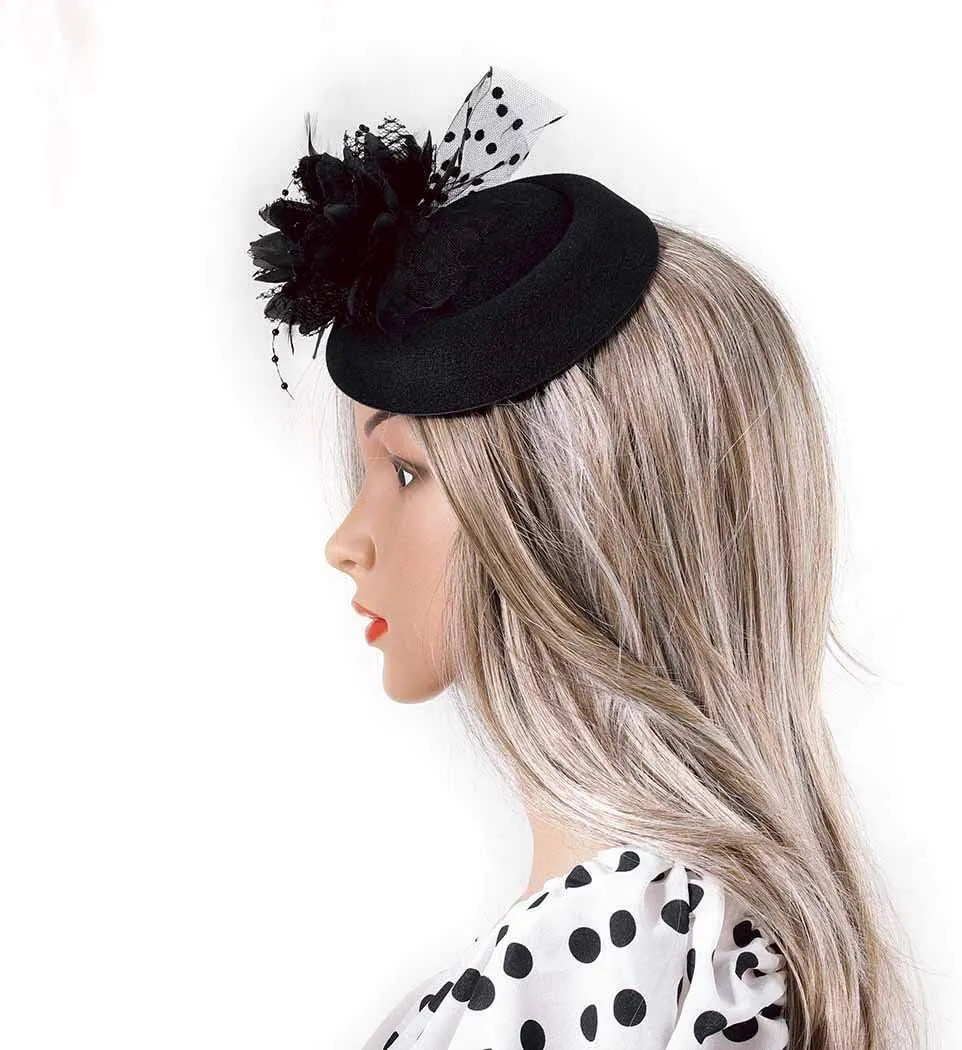 Vintage Fascinators Hats 50s Flower Feather Dress Hat Tea Party Cocktail Veil Pillbox Headwear with Clips for Women