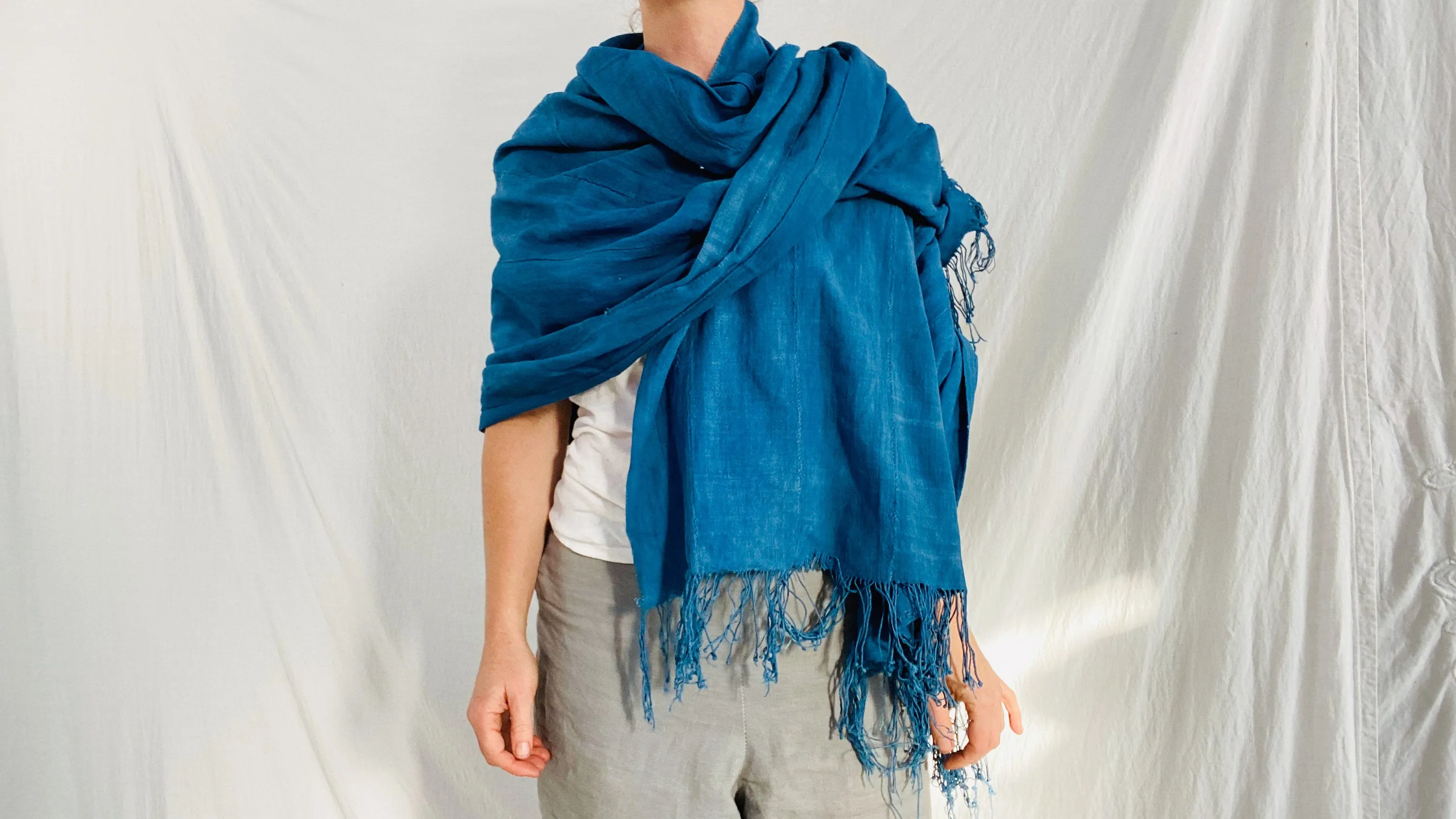 Vintage Indigo African Fringe Shawl & Wrap. Mossi. 0246