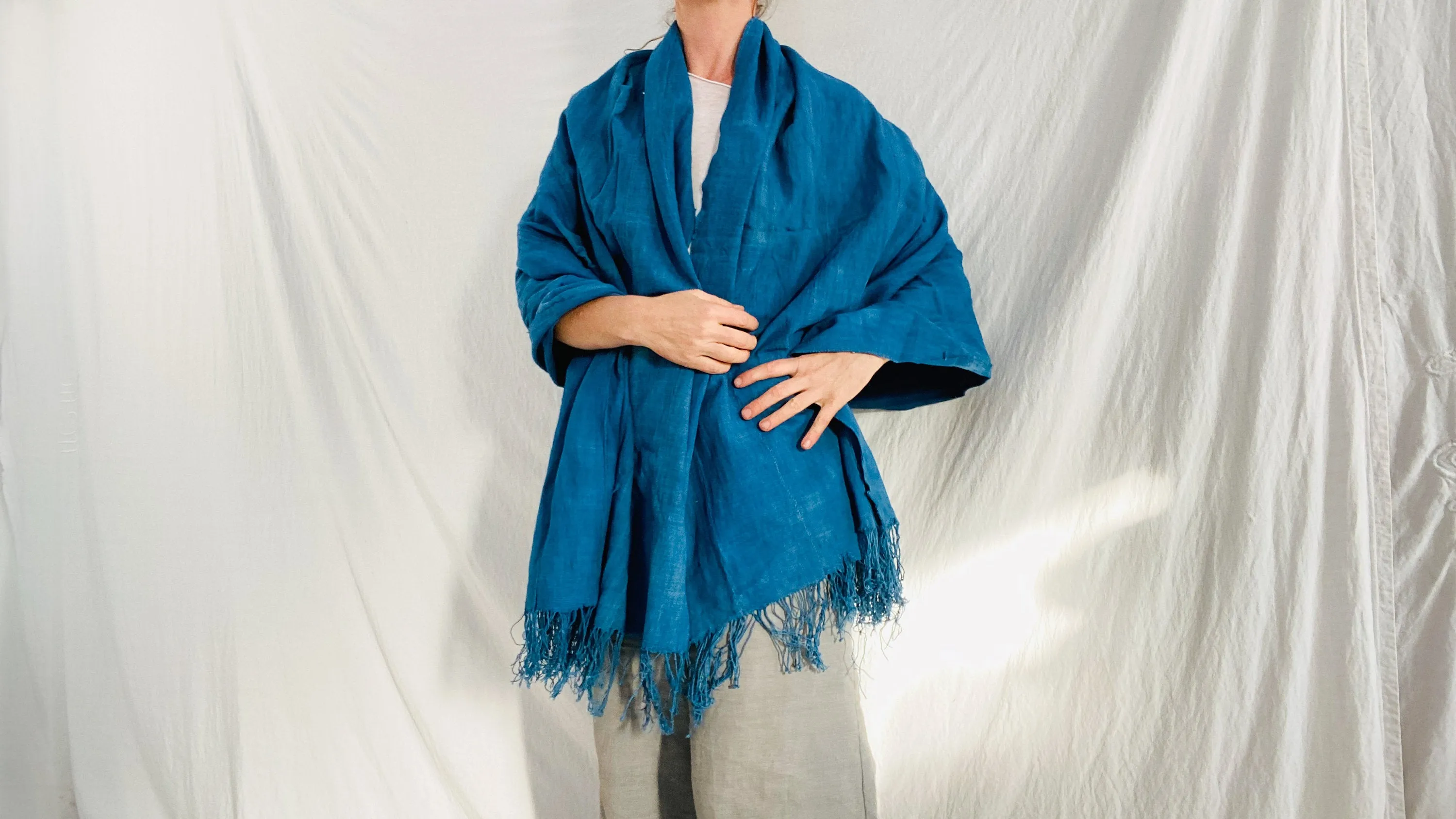 Vintage Indigo African Fringe Shawl & Wrap. Mossi. 0246