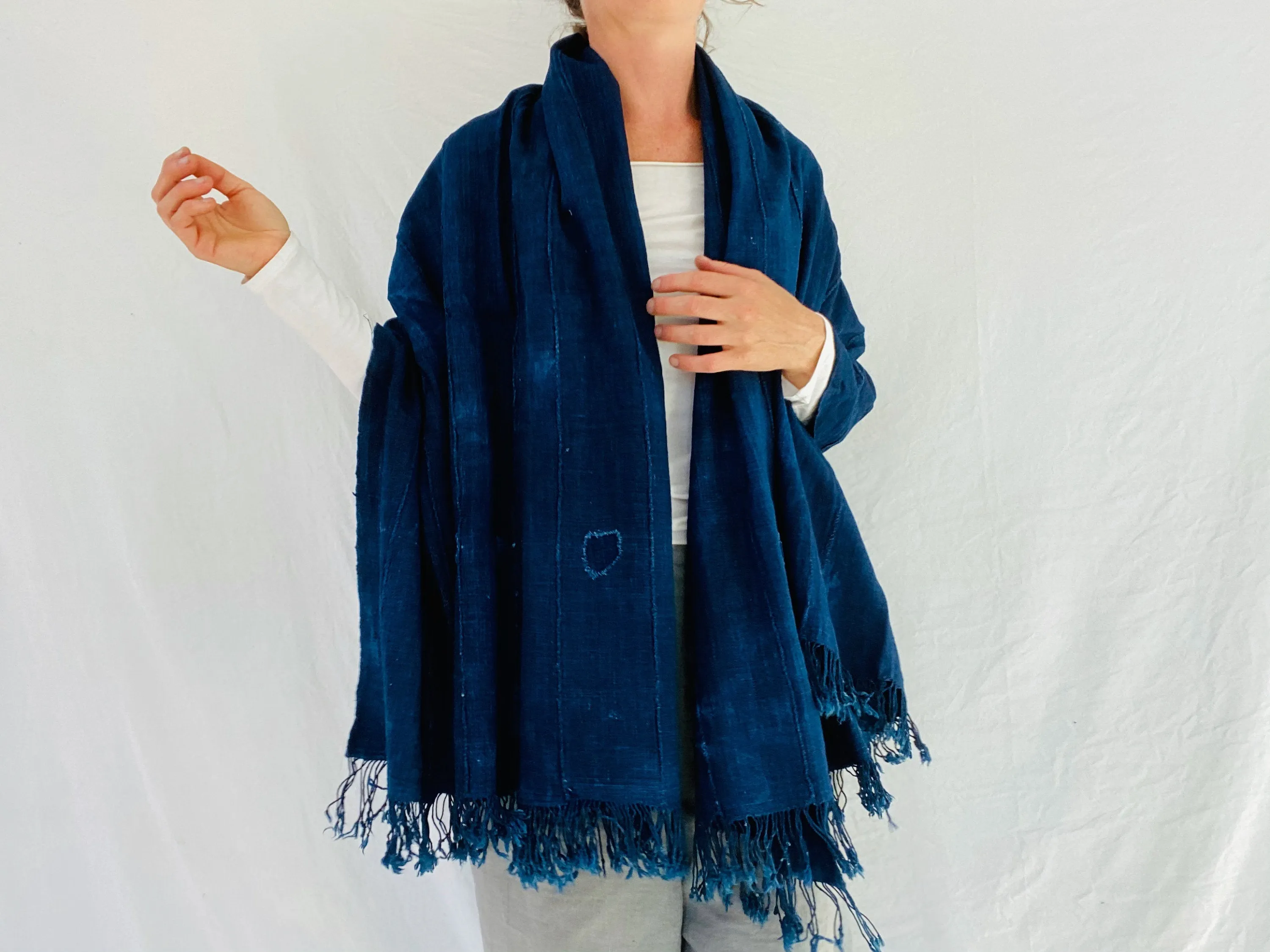 Vintage Indigo African Fringe Shawl & Wrap. Mossi