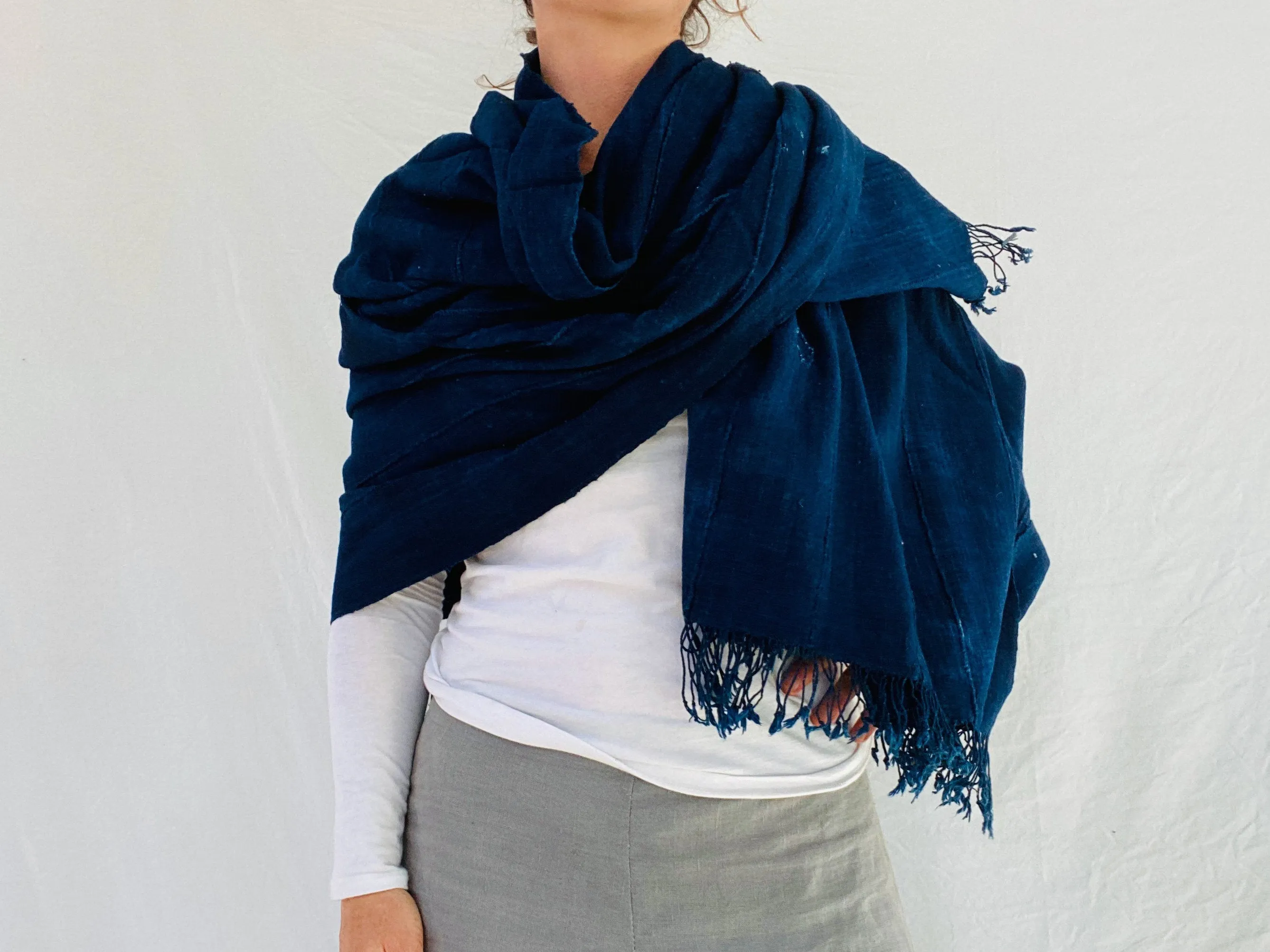 Vintage Indigo African Fringe Shawl & Wrap. Mossi