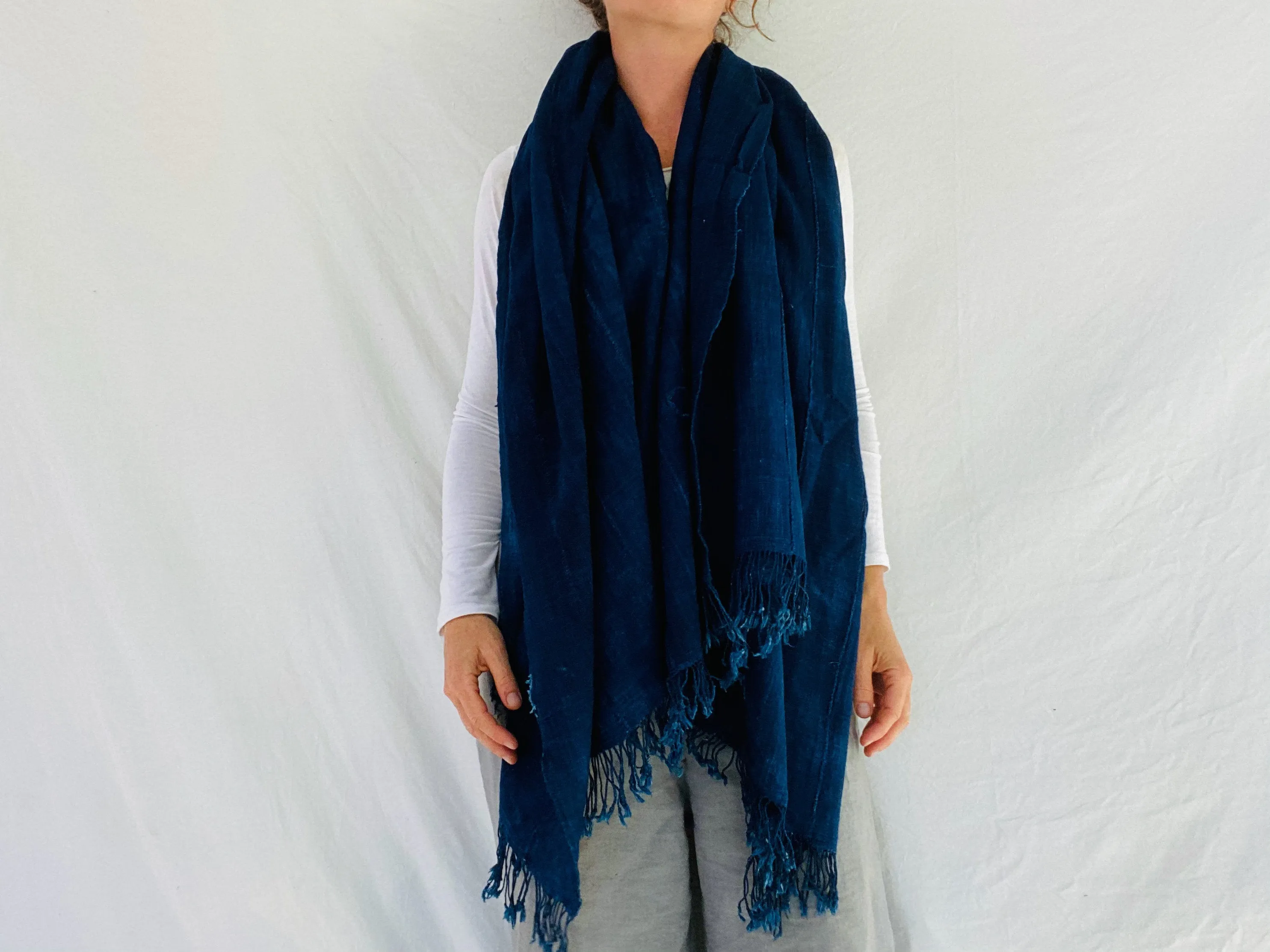 Vintage Indigo African Fringe Shawl & Wrap. Mossi