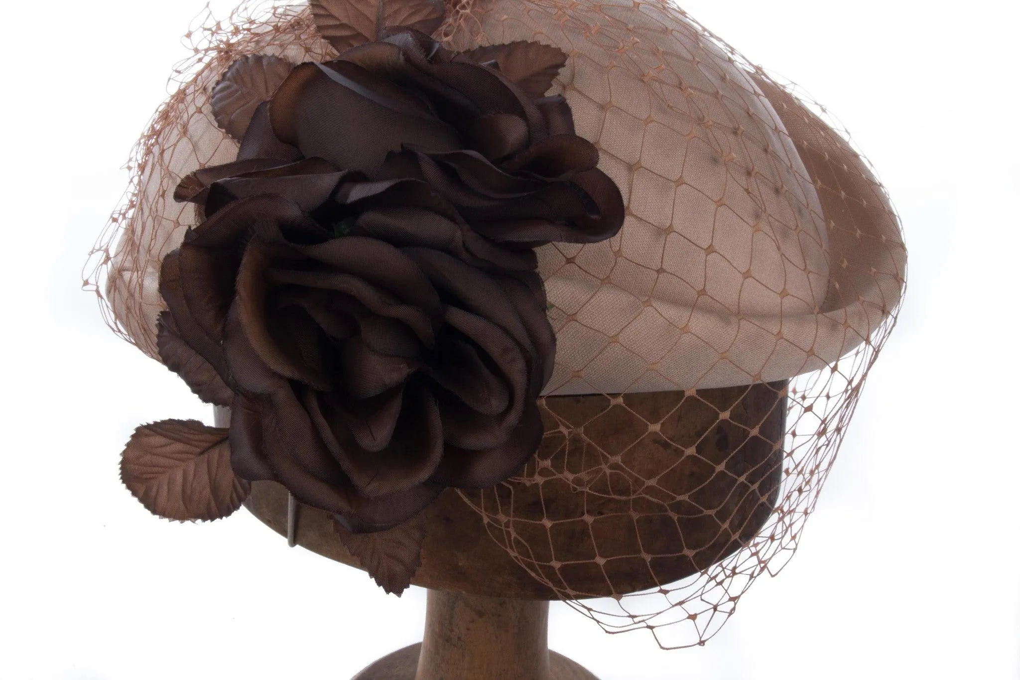 Vintage Pillbox Style Hat Cream Base with Netting and Brown Material Flowers 54cm