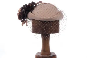 Vintage Pillbox Style Hat Cream Base with Netting and Brown Material Flowers 54cm