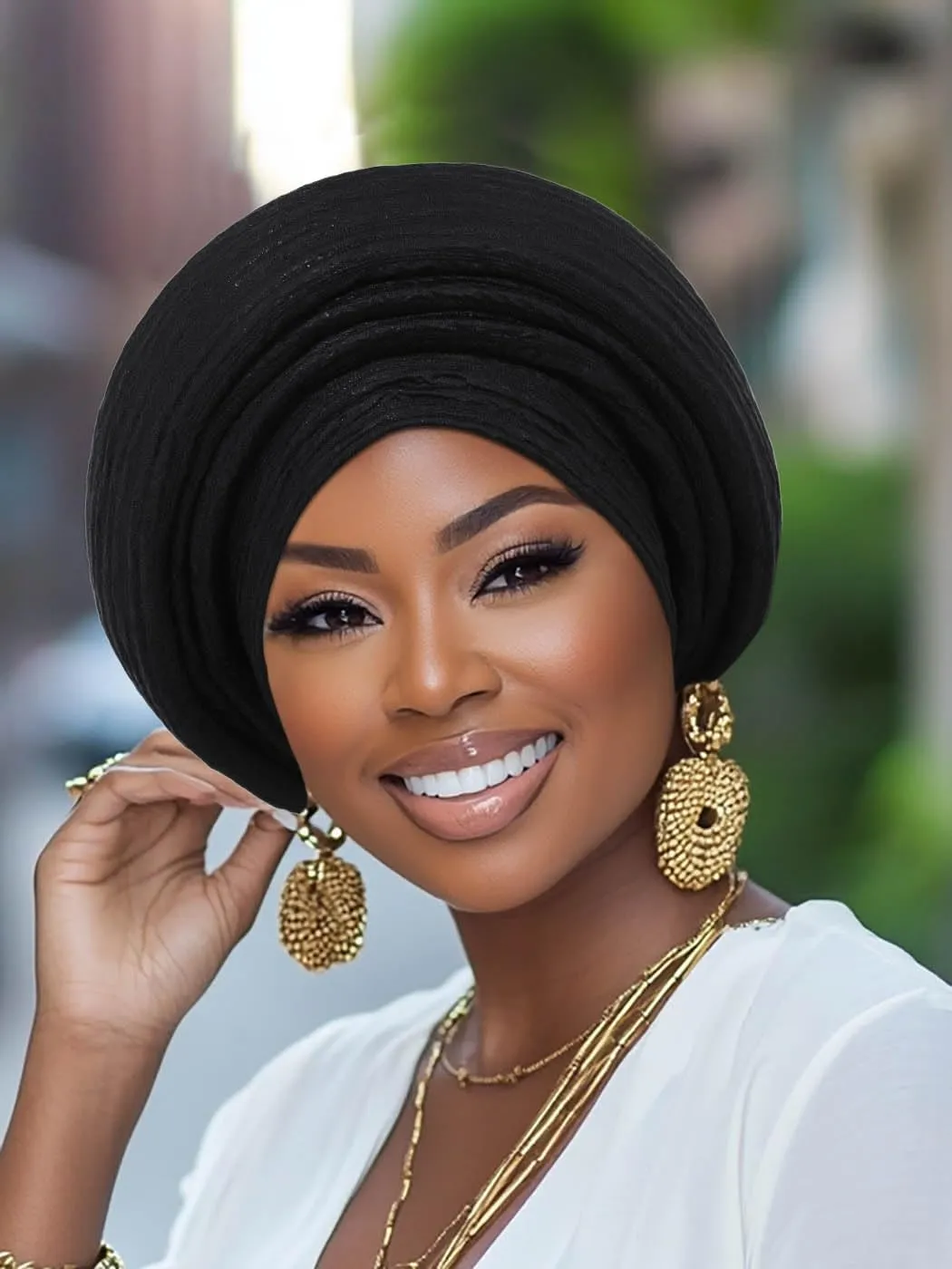 Woeoe Pre-Tied African Hats Gold Auto Gele African Head Wraps Church Turban for Women