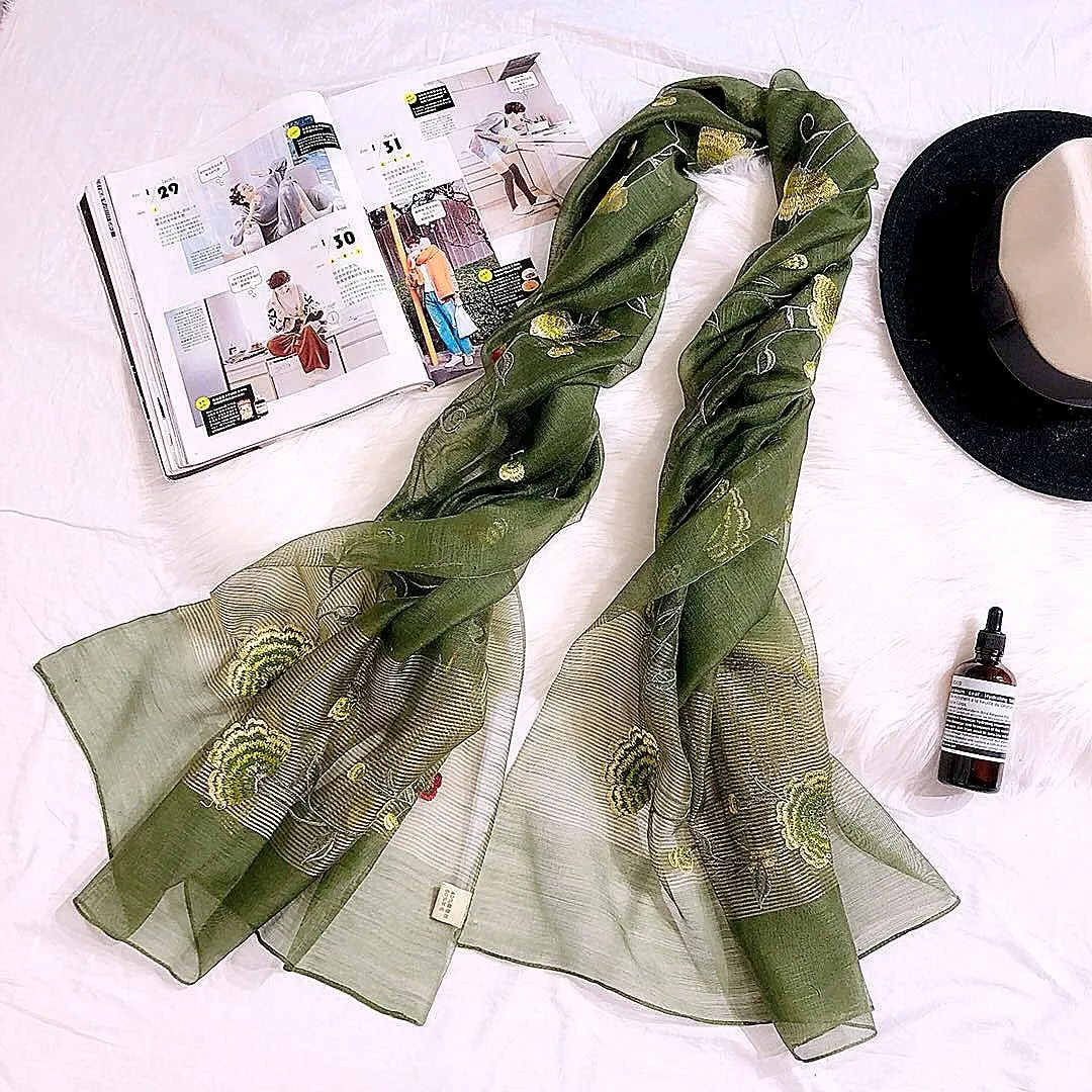Women Exquisite Silk&Wool Mixed Embroidered Scarf Headwrap Shawl